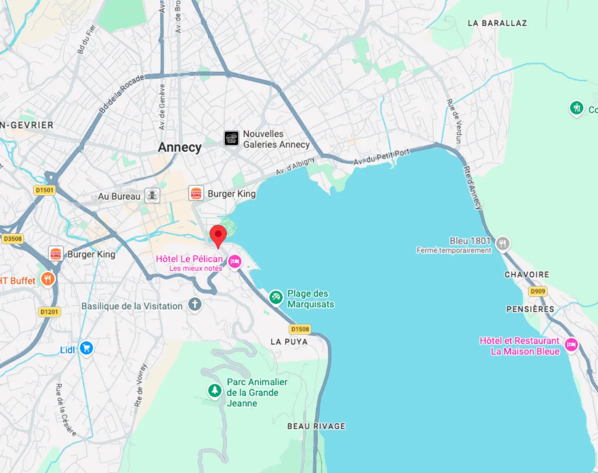 Carte de l'emplacement au bord du lac du magasin de vélos Roul'ma poule